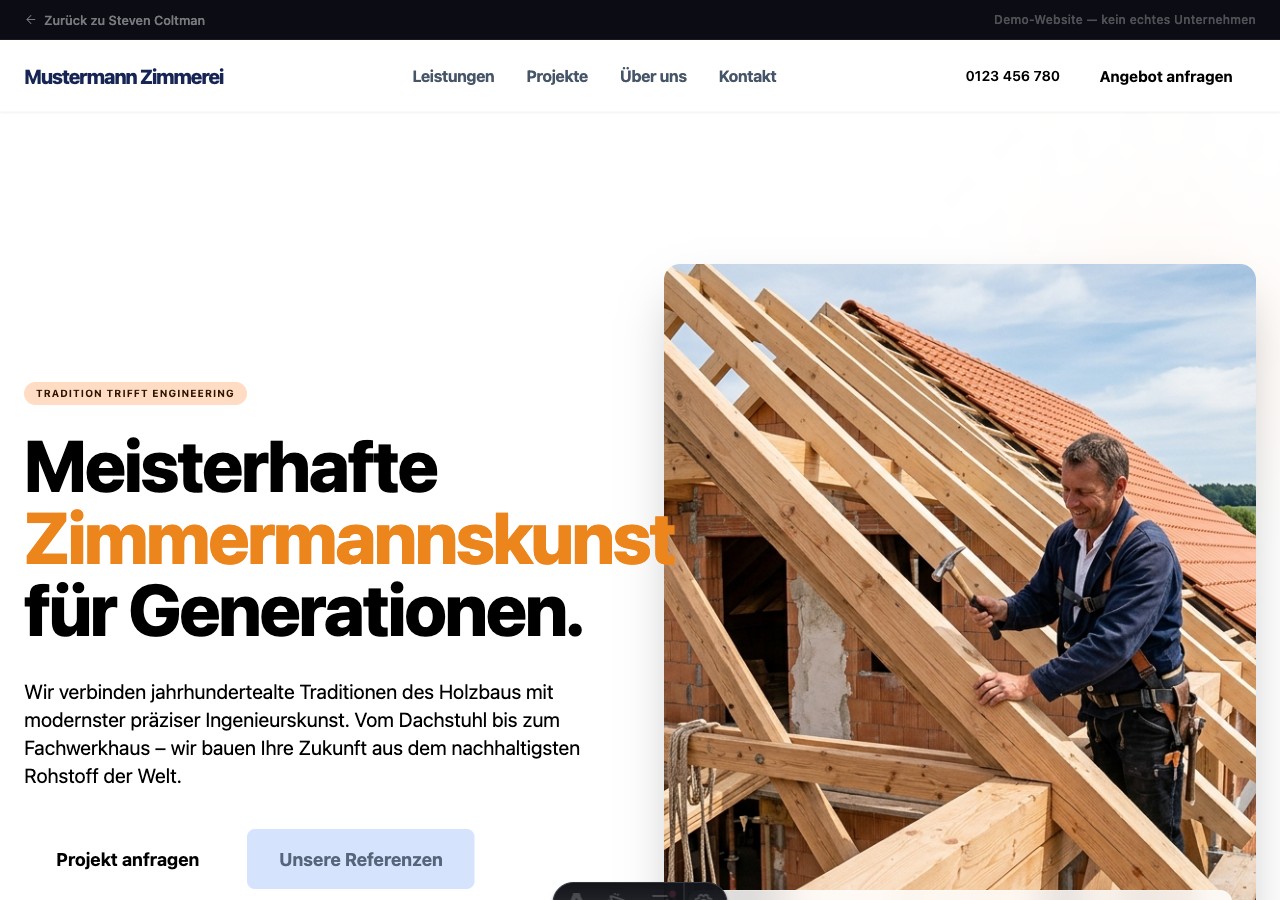 Screenshot Mustermann Zimmerei & Holzbau GmbH